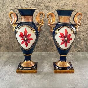 Vtg Lindner Kueps Bavaria Genuine Cobalt 24K Etching Handmade Vase Set 2 c1972